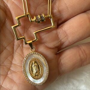 14K Gold-Plated Chain Cross Carabiner Mother of Pearl Mary Pendant Necklace